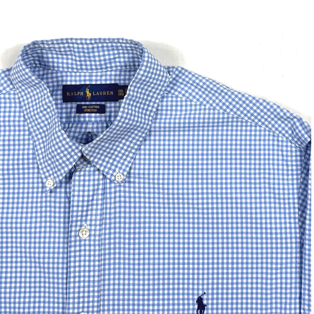 Ralph Lauren XXL Blue White Gingham Check Cotton Stretch Button Down Shirt Mens